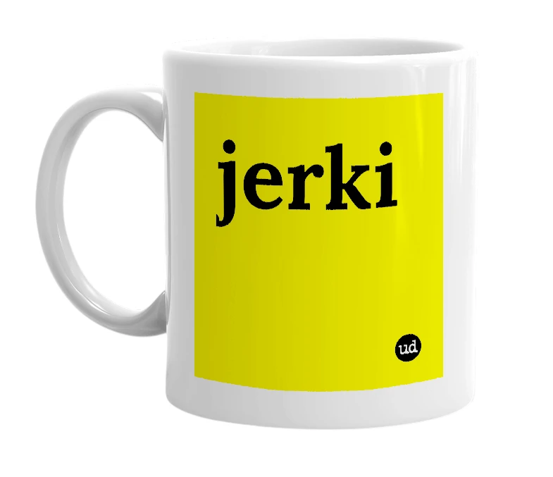 White mug with 'jerki' in bold black letters