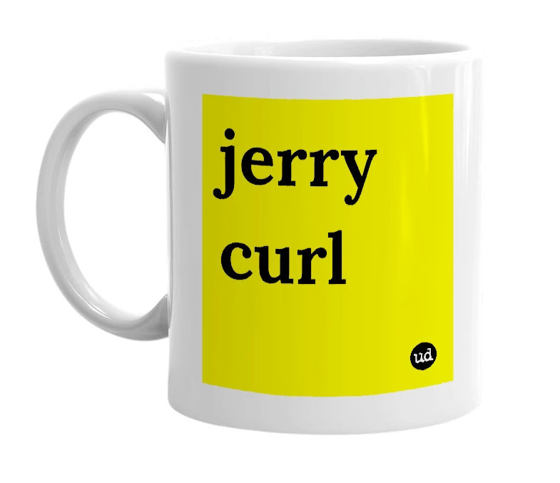 White mug with 'jerry curl' in bold black letters