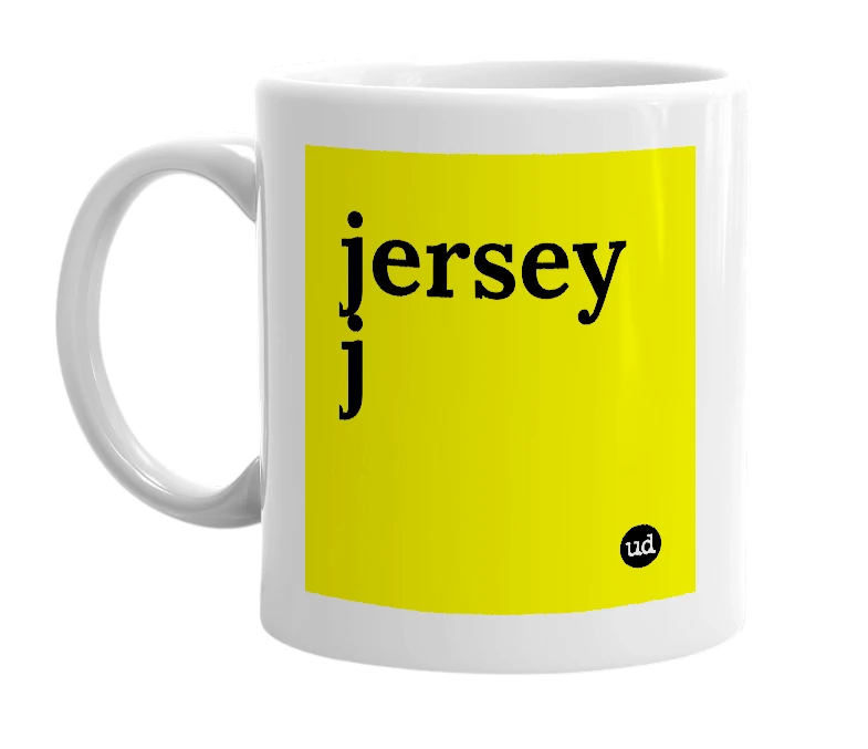 White mug with 'jersey j' in bold black letters