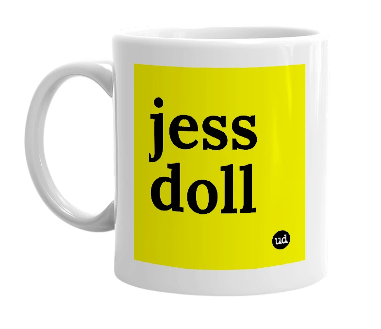 White mug with 'jess doll' in bold black letters
