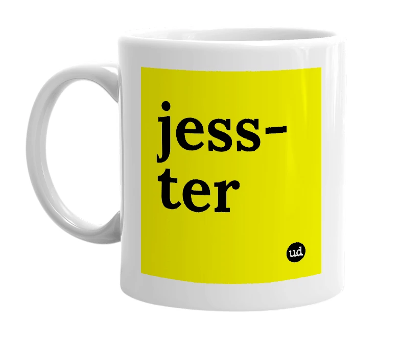 White mug with 'jess-ter' in bold black letters