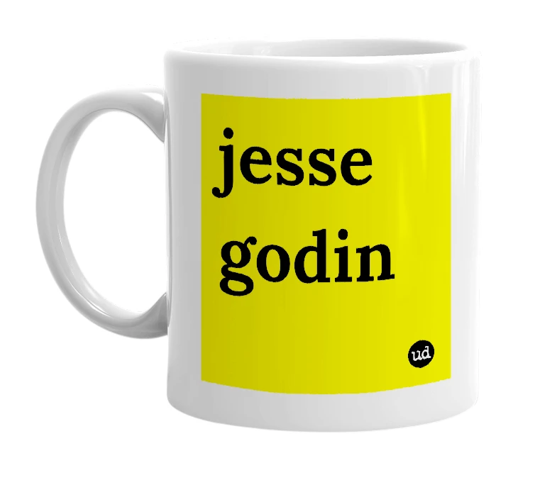 White mug with 'jesse godin' in bold black letters