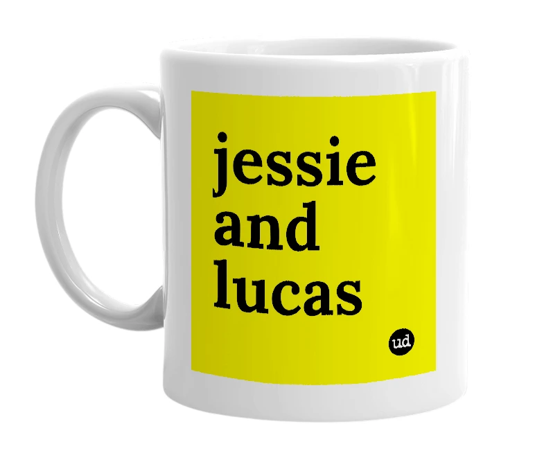 White mug with 'jessie and lucas' in bold black letters