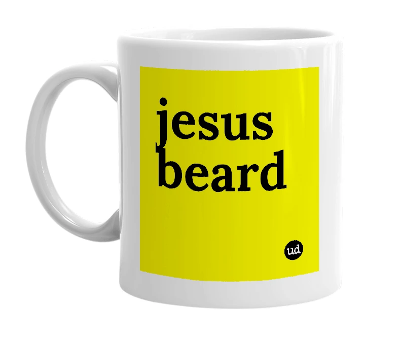 White mug with 'jesus beard' in bold black letters