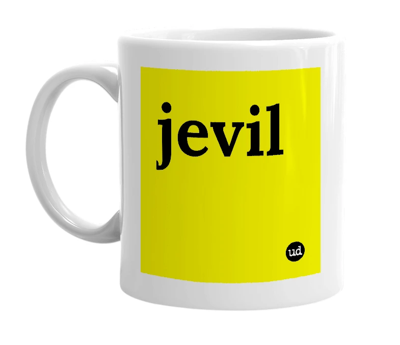 White mug with 'jevil' in bold black letters