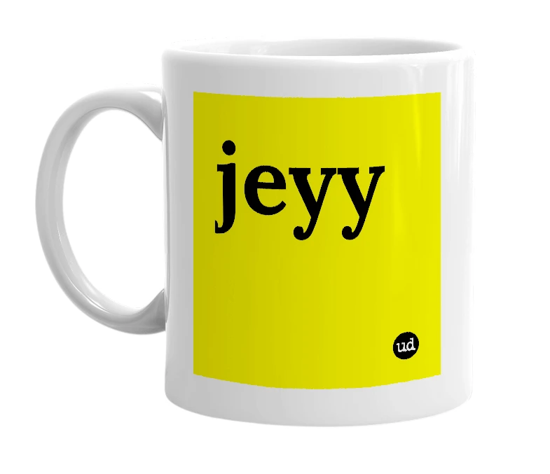 White mug with 'jeyy' in bold black letters