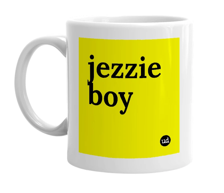 White mug with 'jezzie boy' in bold black letters