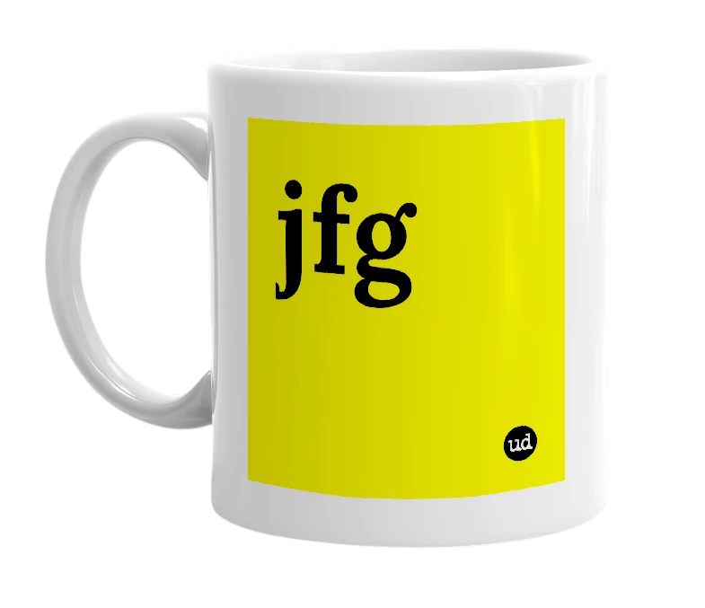 White mug with 'jfg' in bold black letters