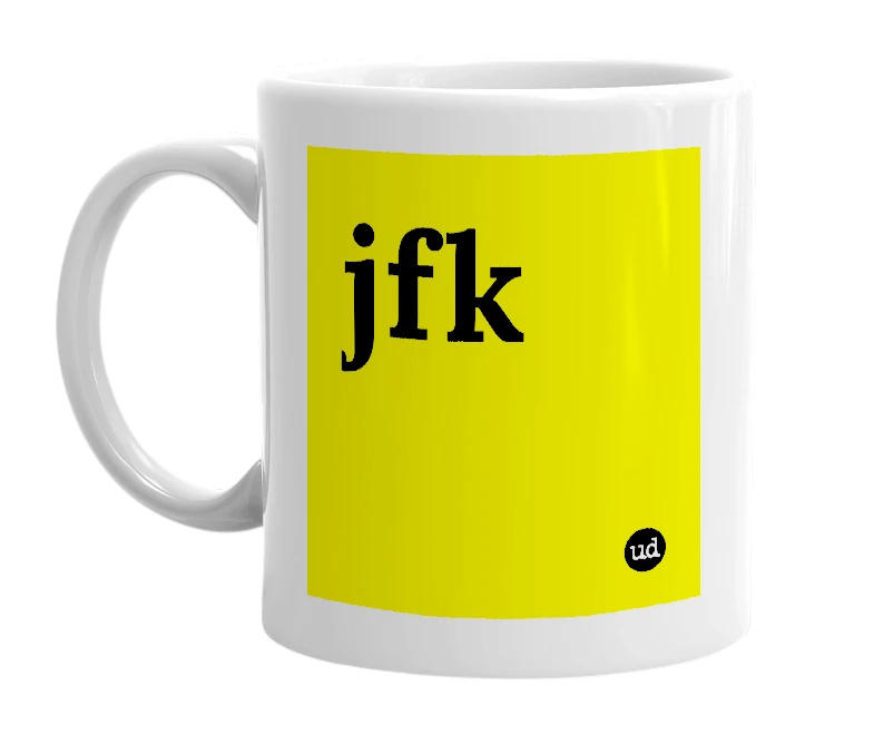 White mug with 'jfk' in bold black letters