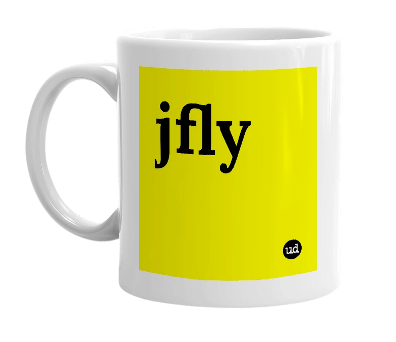 White mug with 'jfly' in bold black letters