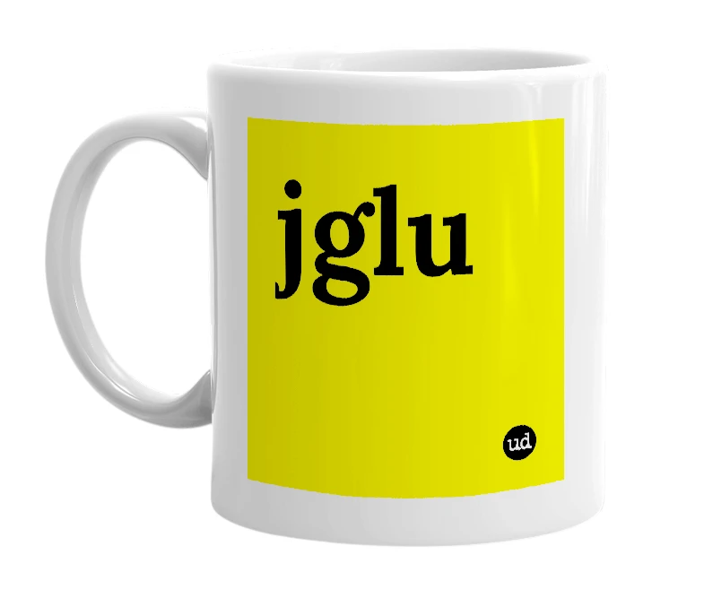 White mug with 'jglu' in bold black letters