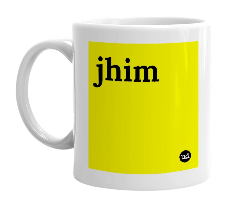 White mug with 'jhim' in bold black letters