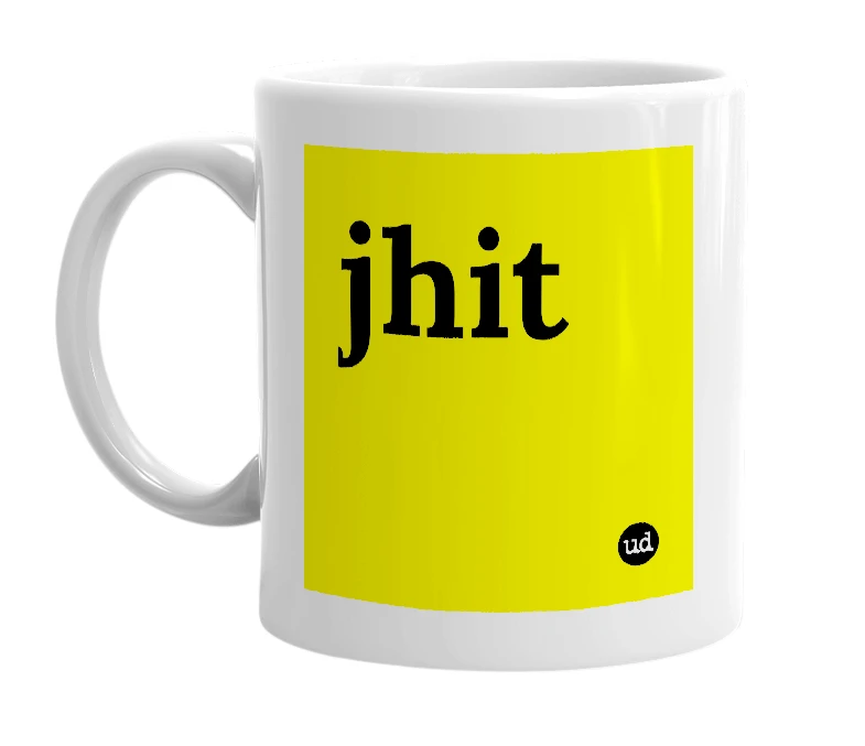 White mug with 'jhit' in bold black letters