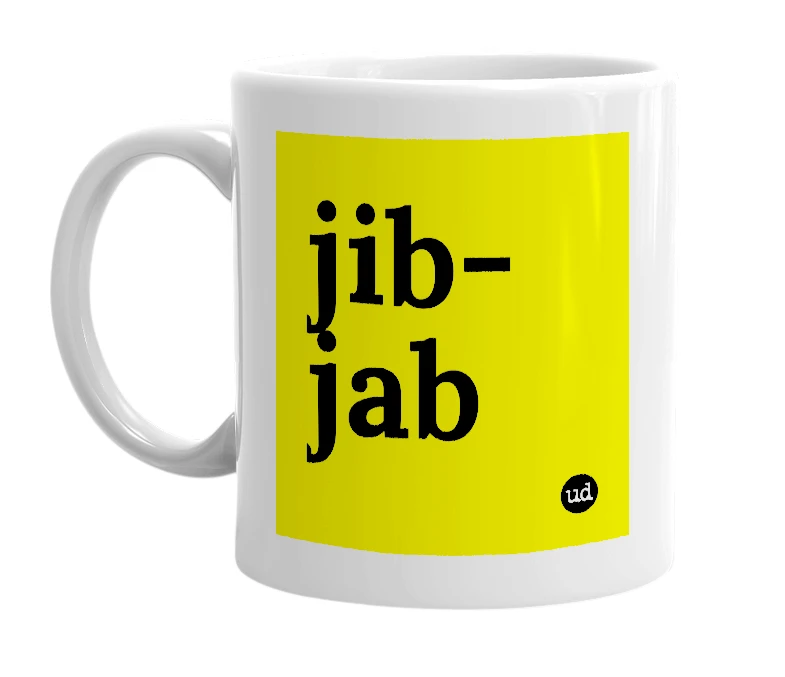 White mug with 'jib-jab' in bold black letters