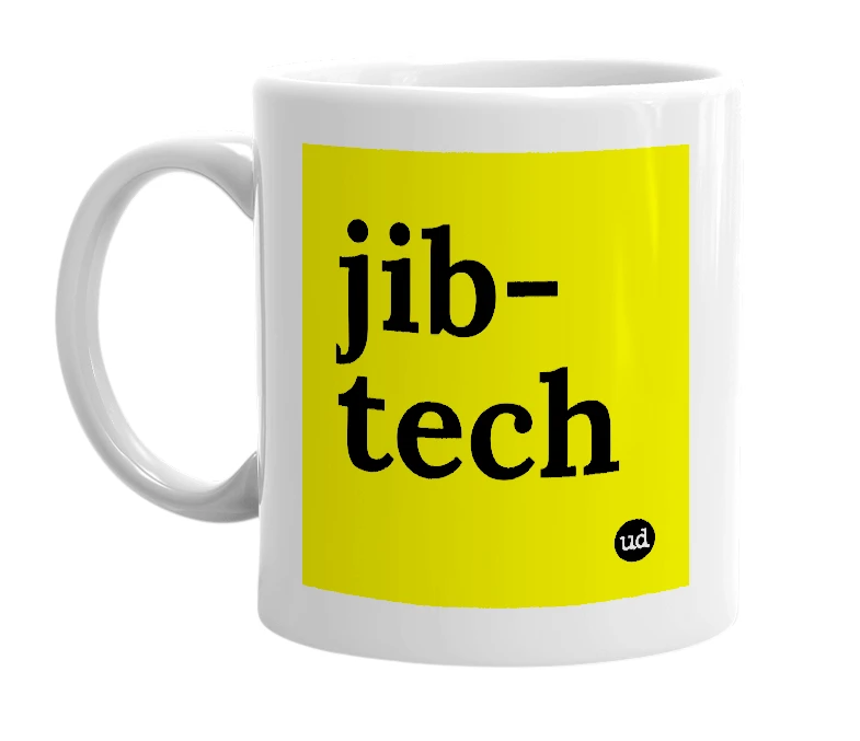 White mug with 'jib-tech' in bold black letters