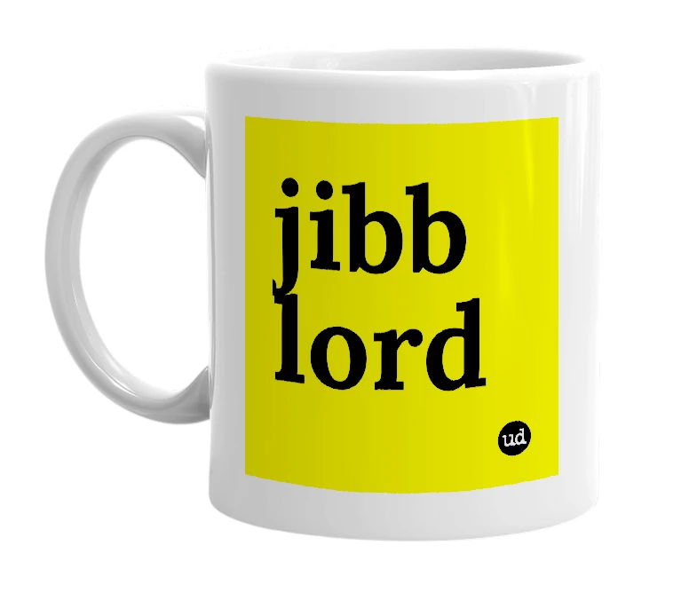 White mug with 'jibb lord' in bold black letters