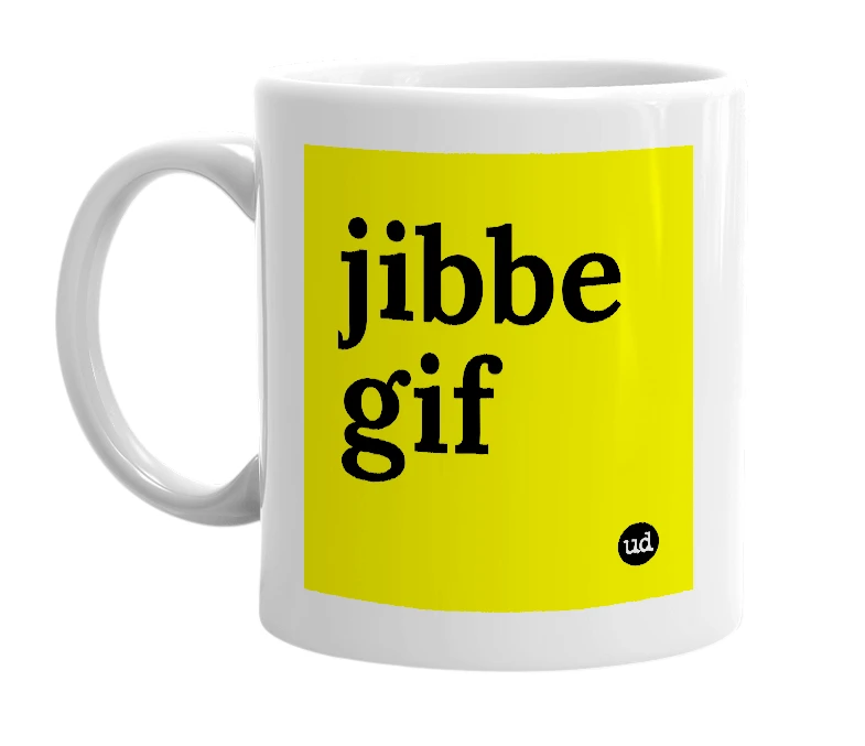 White mug with 'jibbe gif' in bold black letters