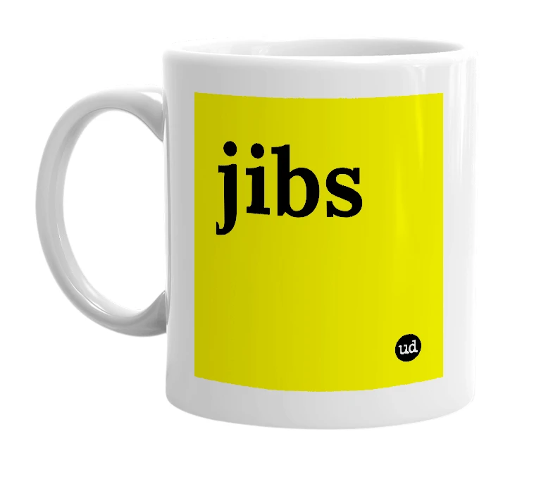 White mug with 'jibs' in bold black letters