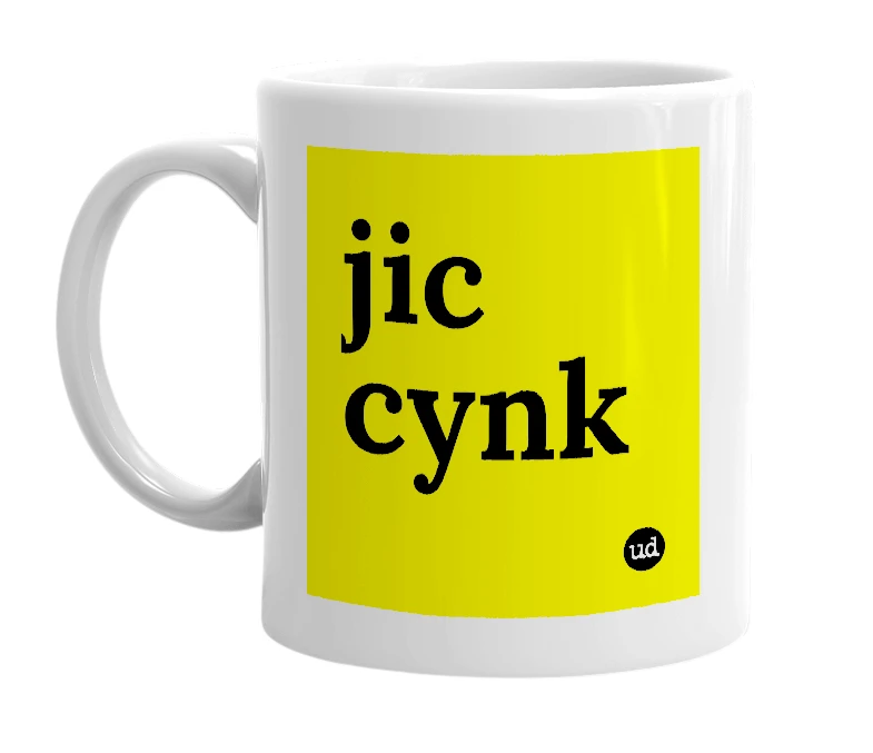 White mug with 'jic cynk' in bold black letters