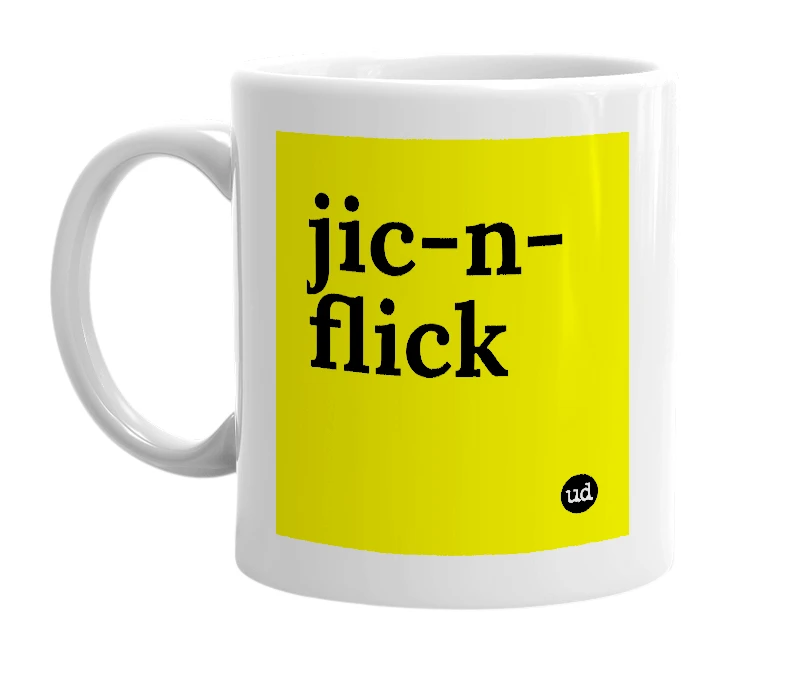 White mug with 'jic-n-flick' in bold black letters