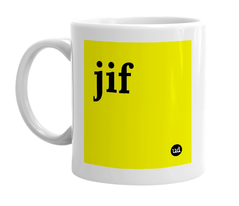White mug with 'jif' in bold black letters