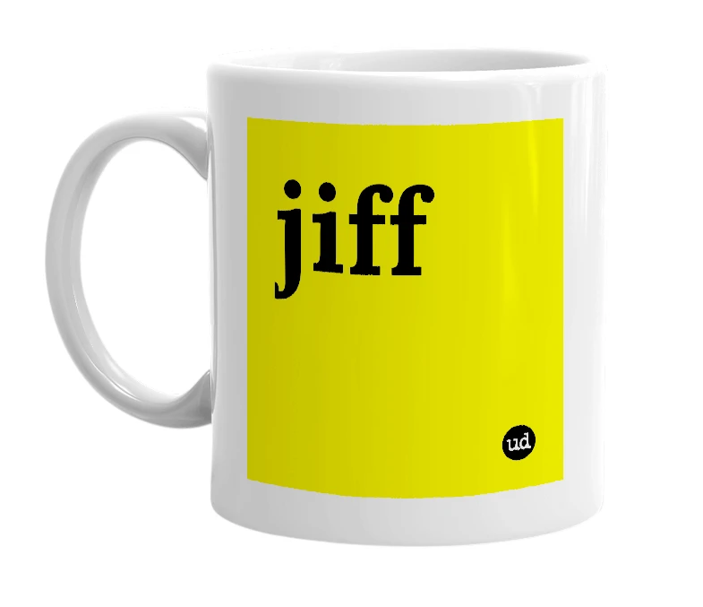 White mug with 'jiff' in bold black letters