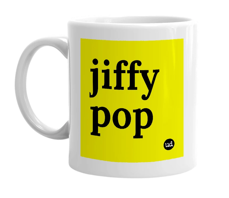 White mug with 'jiffy pop' in bold black letters
