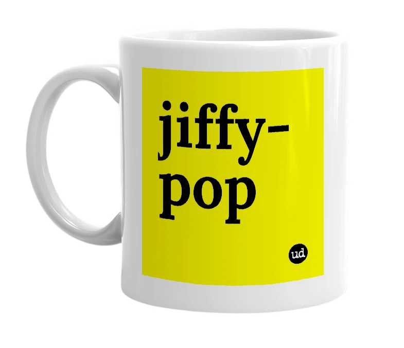 White mug with 'jiffy-pop' in bold black letters