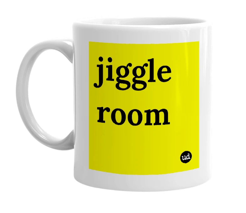 White mug with 'jiggle room' in bold black letters