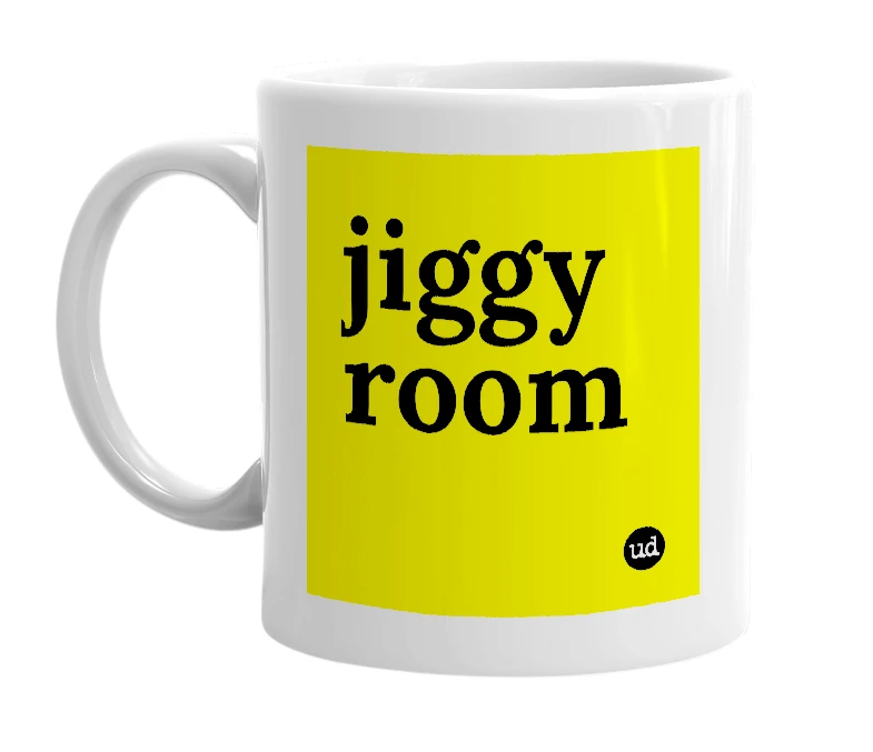 White mug with 'jiggy room' in bold black letters