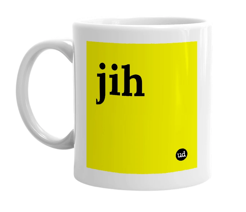 White mug with 'jih' in bold black letters