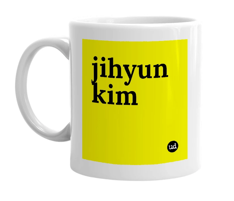 White mug with 'jihyun kim' in bold black letters