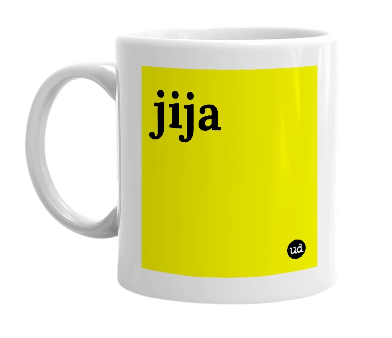 White mug with 'jija' in bold black letters