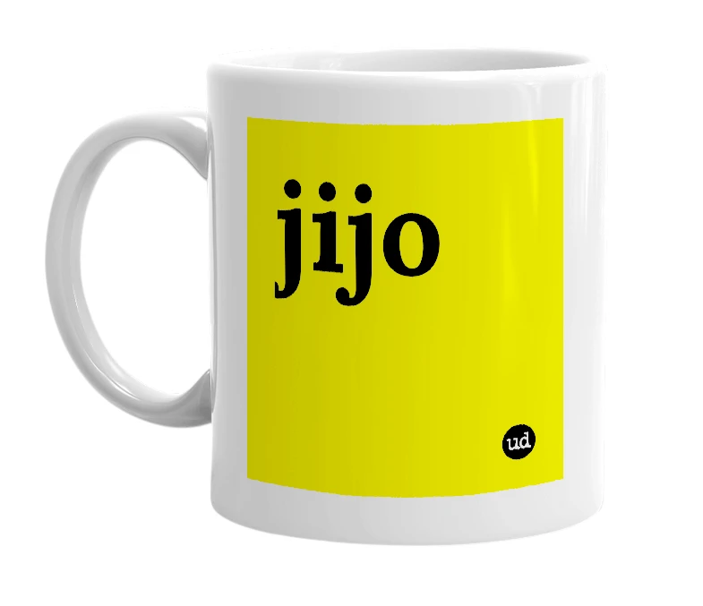 White mug with 'jijo' in bold black letters