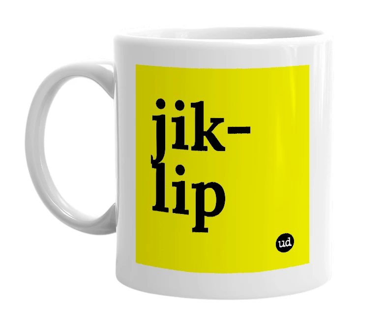 White mug with 'jik-lip' in bold black letters