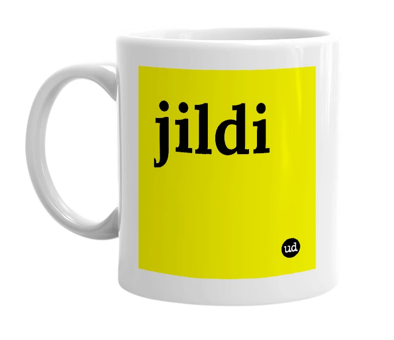 White mug with 'jildi' in bold black letters