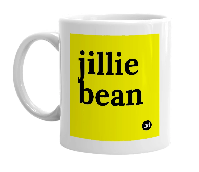 White mug with 'jillie bean' in bold black letters