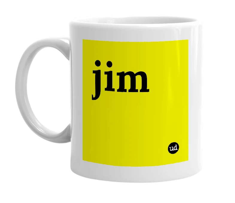 White mug with 'jim' in bold black letters