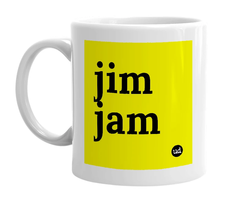 White mug with 'jim jam' in bold black letters
