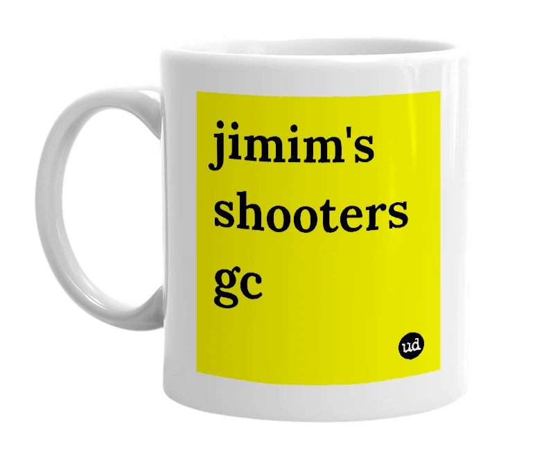 White mug with 'jimim's shooters gc' in bold black letters