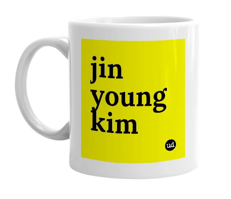 White mug with 'jin young kim' in bold black letters