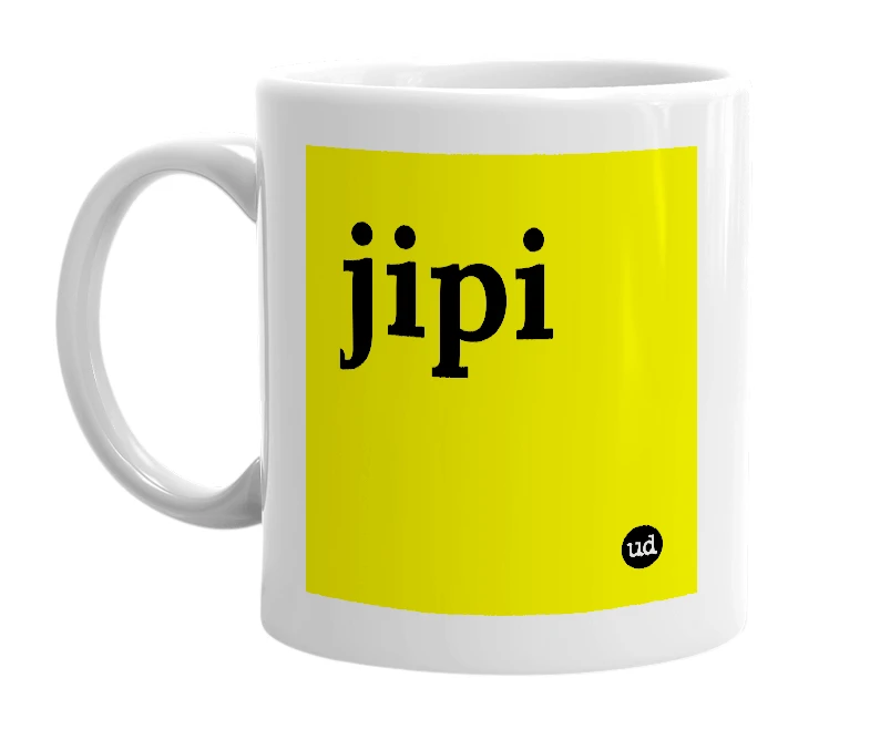 White mug with 'jipi' in bold black letters