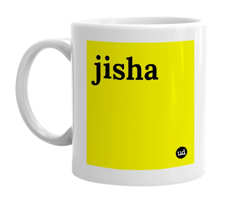 White mug with 'jisha' in bold black letters
