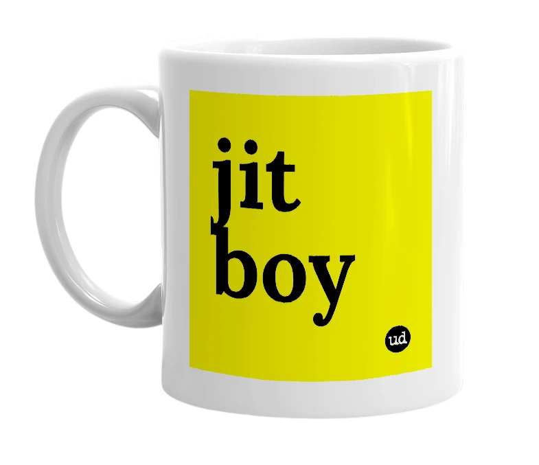White mug with 'jit boy' in bold black letters