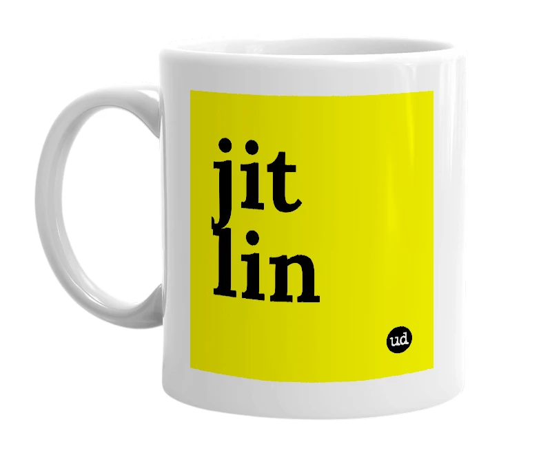 White mug with 'jit lin' in bold black letters