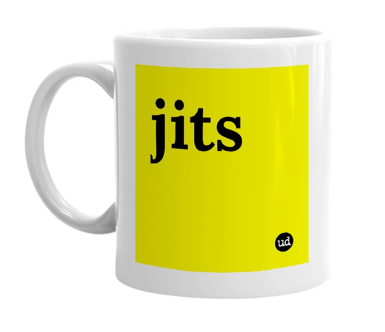 White mug with 'jits' in bold black letters