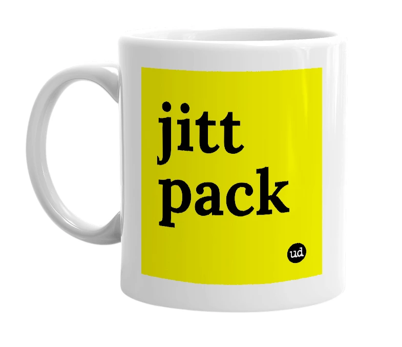 White mug with 'jitt pack' in bold black letters