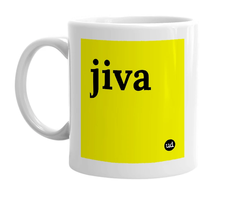 White mug with 'jiva' in bold black letters