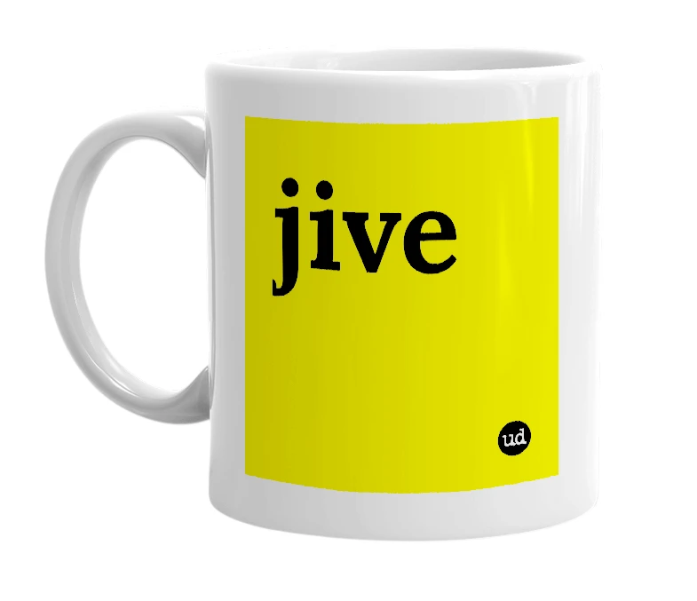 White mug with 'jive' in bold black letters