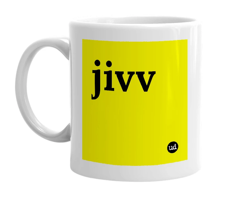 White mug with 'jivv' in bold black letters